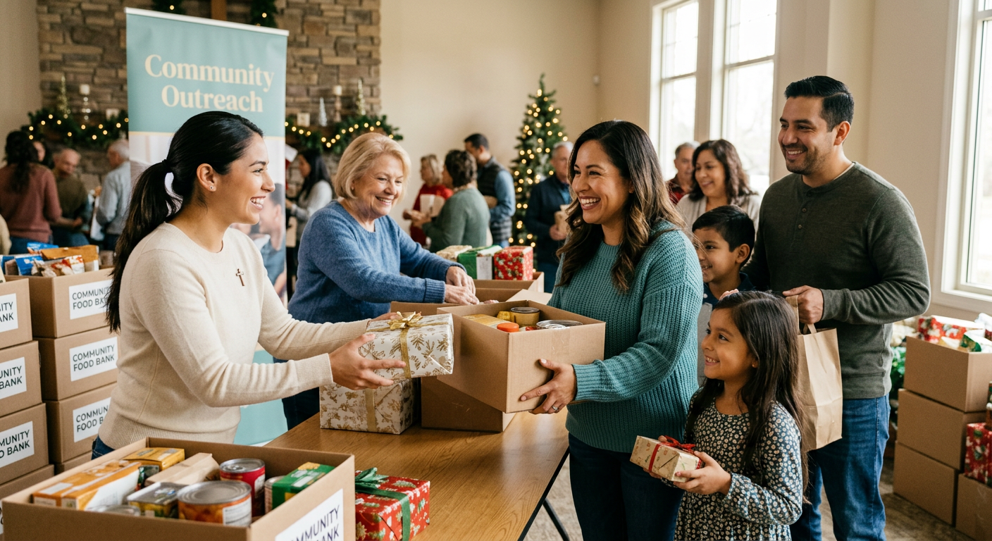Voluntarios entregando alimentos y regalos a una familia · Volunteers handing food and gifts to a family